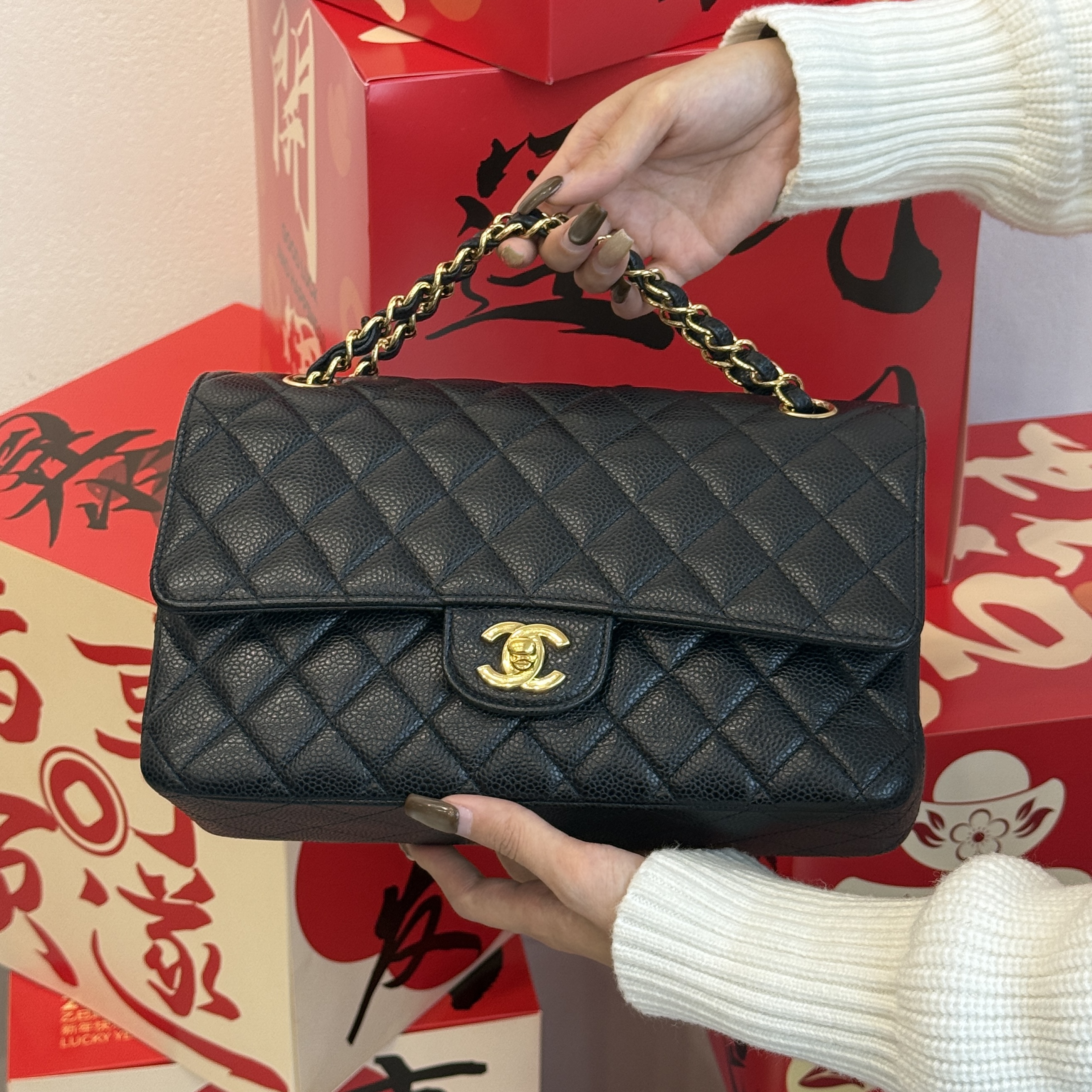 99新 Chanel/香奈儿  CF 荔枝纹中号黑金链条包（0618）