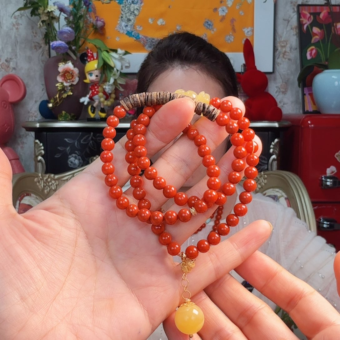 南红玛瑙手链18K金镶嵌手串