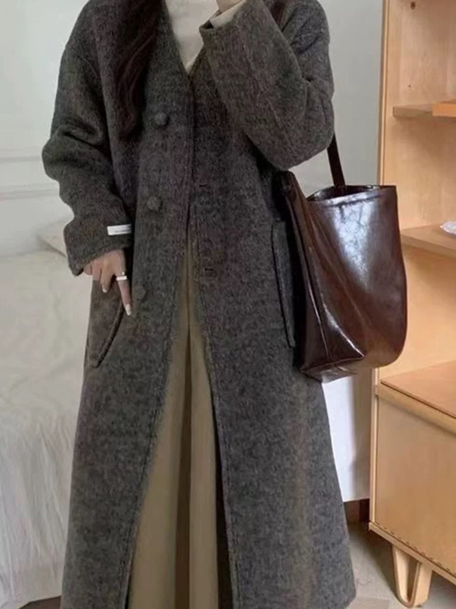 无领高级感双面大衣女2024秋冬新款立领中长款加厚毛呢外套