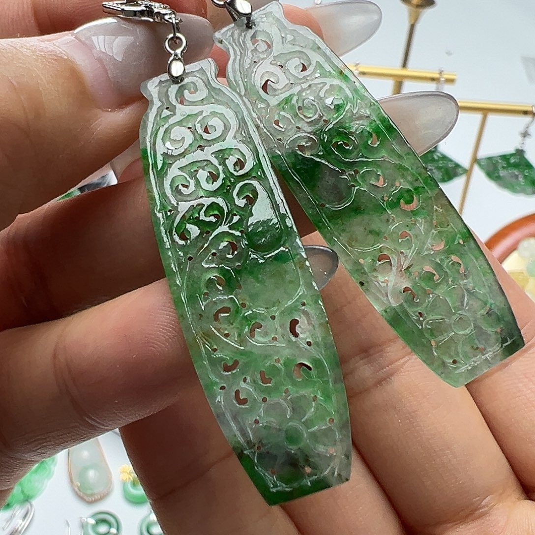 金***子翡翠银S925镶嵌耳饰天然缅甸A货翡翠