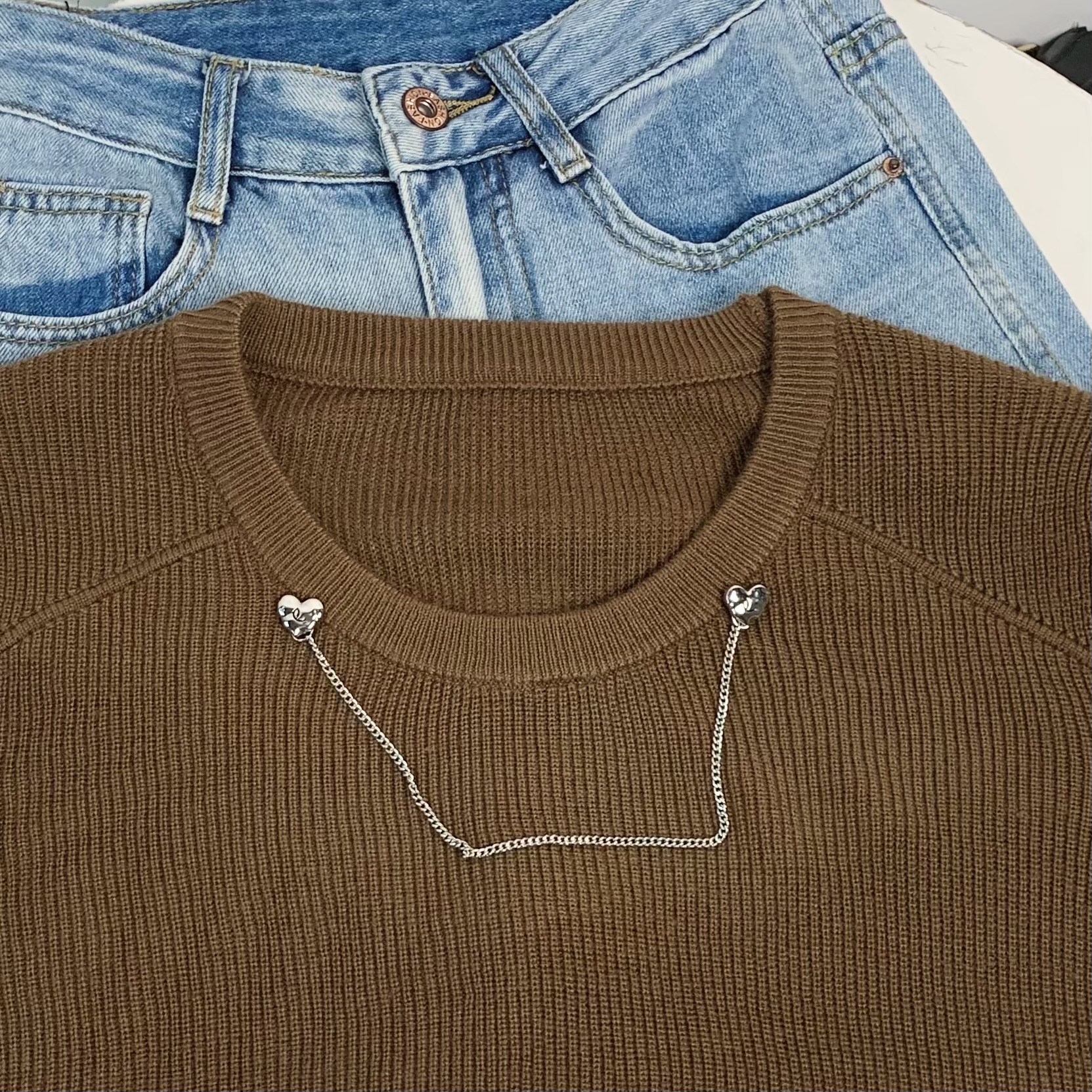 清-圆领装饰链百搭针织毛衣242257