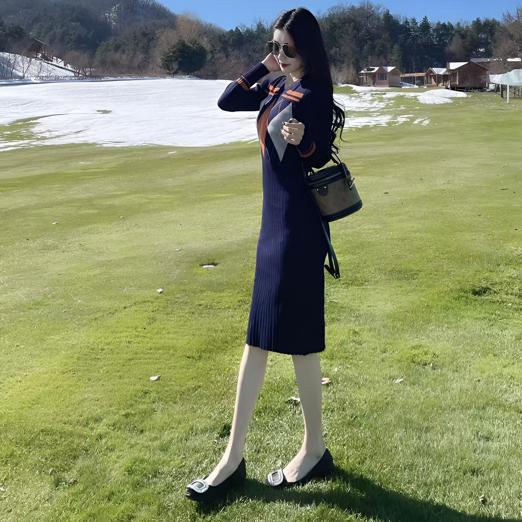 藏青色小众设计感拼接长袖短裙高品质配腰带显瘦气质针织时尚修身