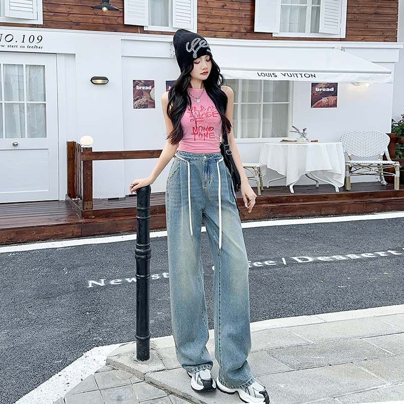 度假风2025年春夏款休闲宽松阔腿牛仔裤女垮裤拖地牛仔蓝女抽绳蓝