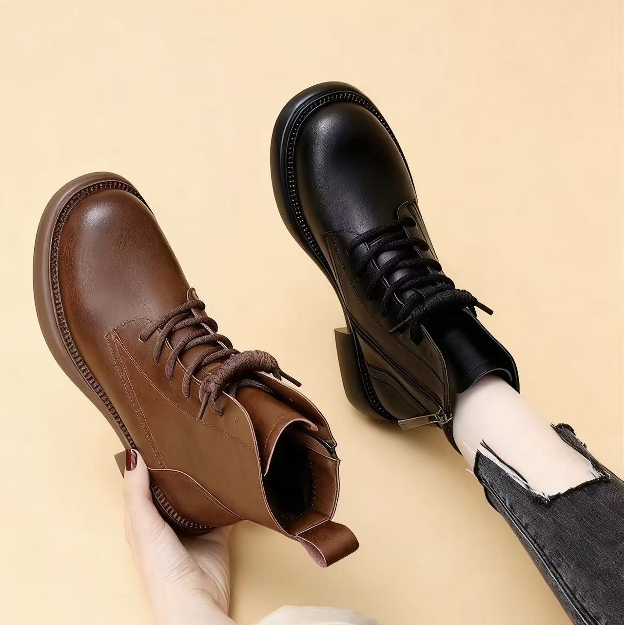 【品牌马丁靴】SD6985复古英伦风马丁靴女显瘦软底软面厚底短靴单靴