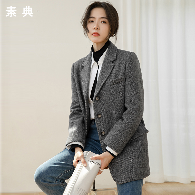 清仓【727】毛呢外套高级人字纹加厚西装小个子羊毛呢子大衣