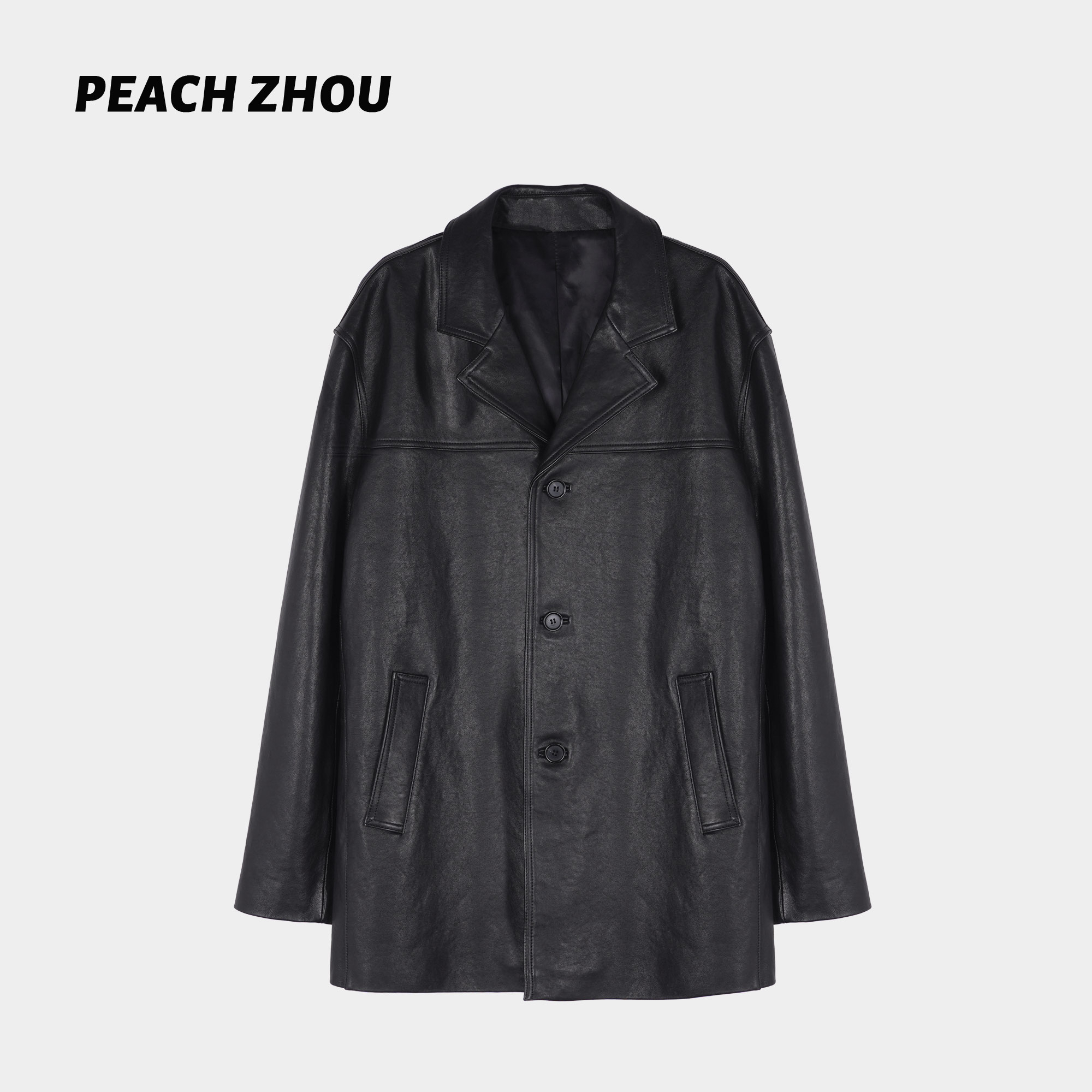 『PEACHZHOU』全植鞣绵羊皮翻驳领宽松排扣中长款皮衣休闲摩登外套