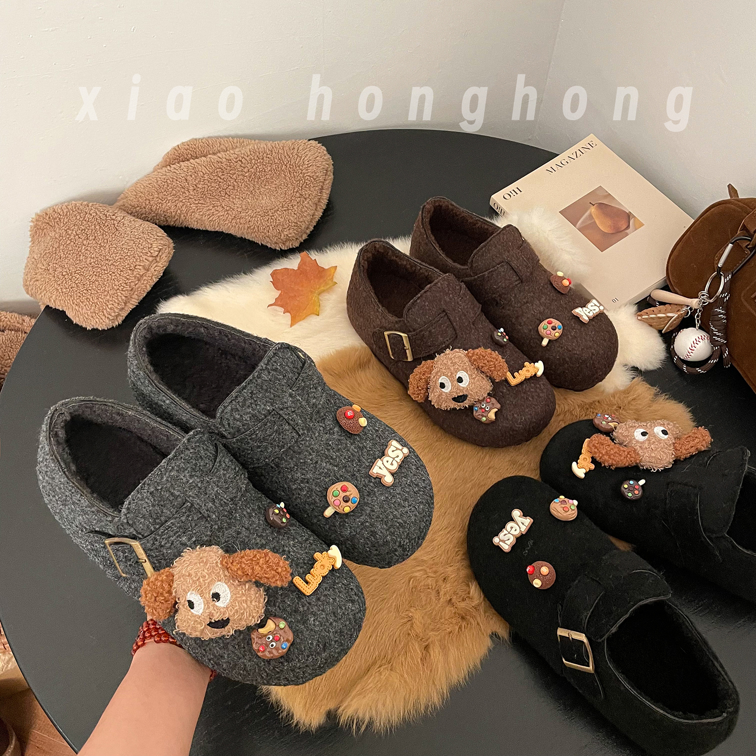 【松松】2025冬季新款毛呢加绒保暖勃肯鞋女卡通可爱毛毛鞋