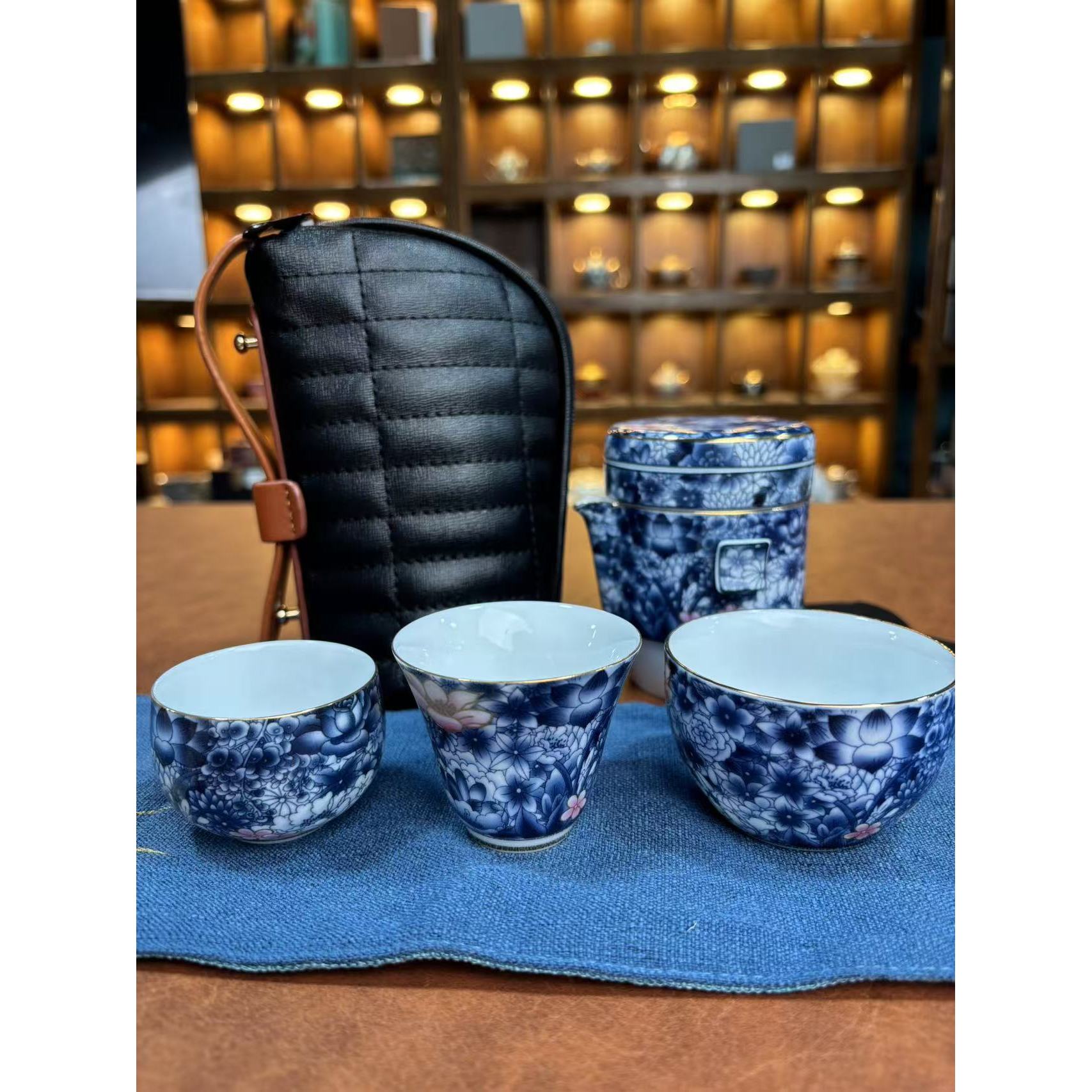青花旅行茶具一壶三杯5920