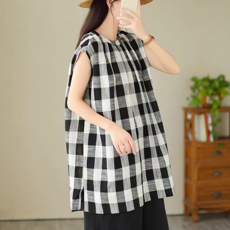 81166-1棉麻无袖格子衬衫