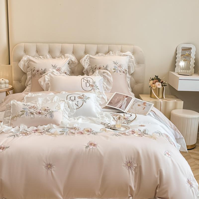 公主风纯棉四件套刺绣花边被套法式少女心1.8床笠款床单床上用品