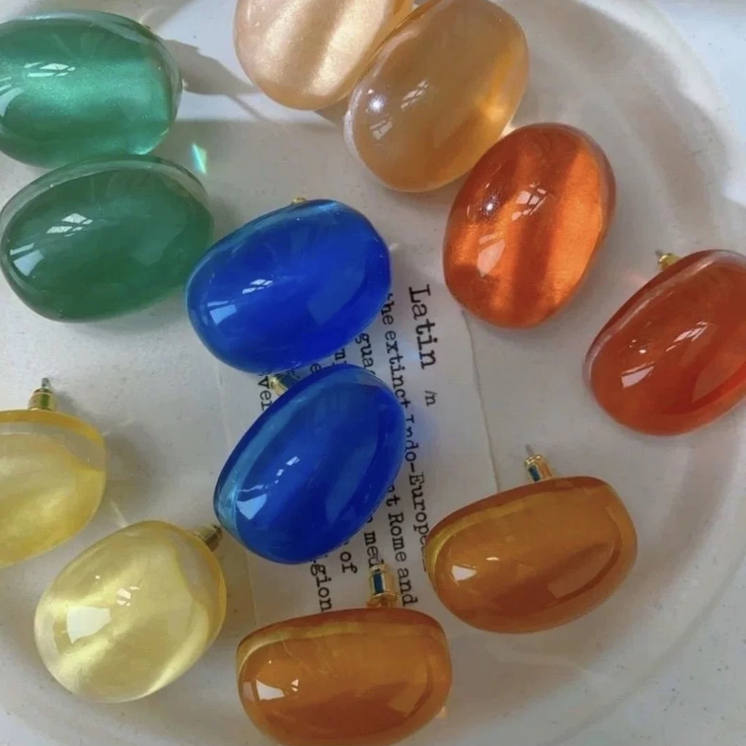 法式圆鼓鼓椭圆树脂果冻耳钉银针女日常百搭款