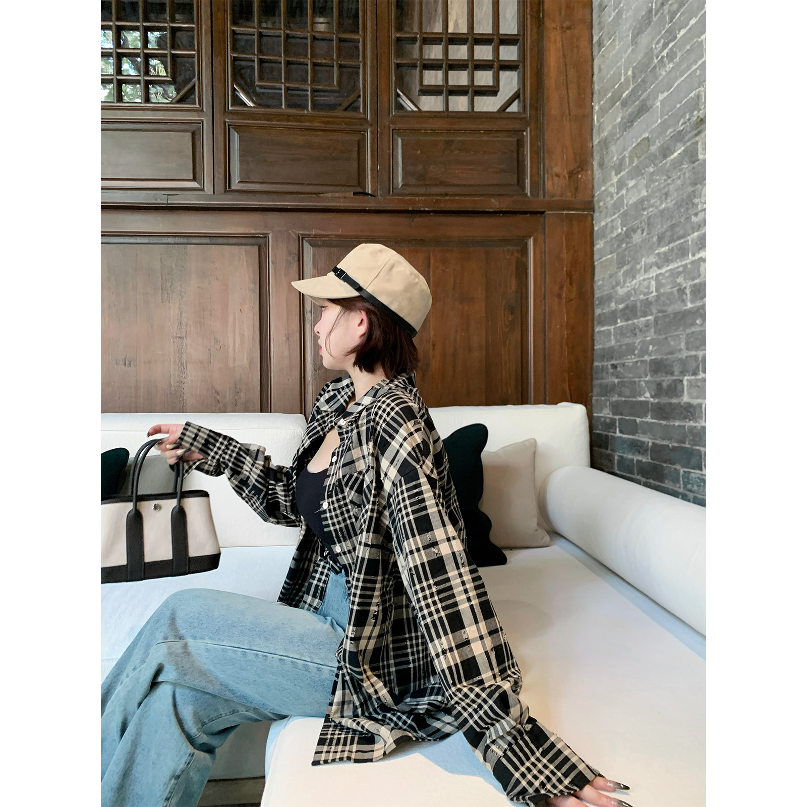 100 棉 猫爪重工艺!!【“巧乐兹衬衫”·做旧擦色慵懒格纹!!】ZTSP3068