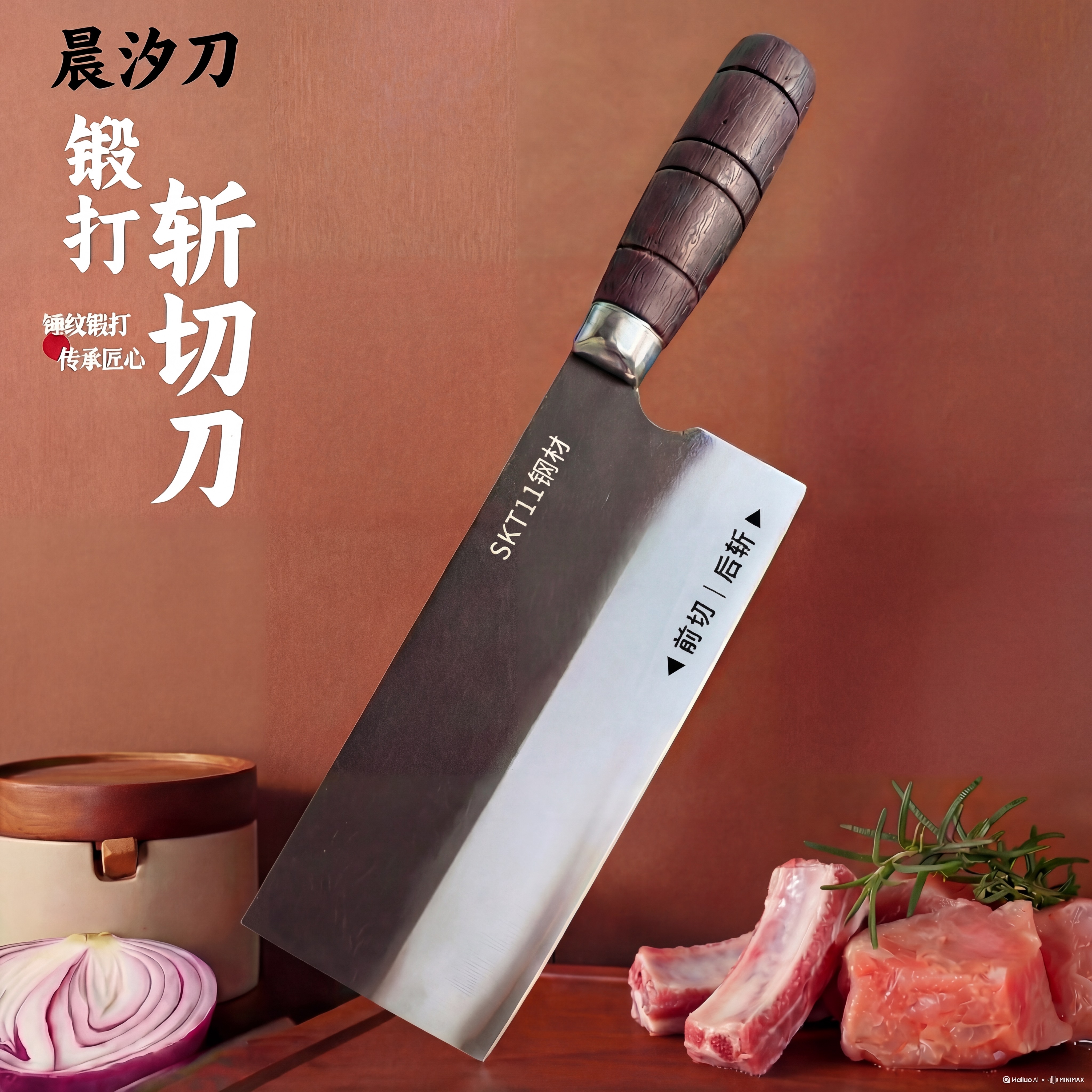 手工锻打SKT11钢家用切片刀斩切刀实木手柄锋利超快专用刀