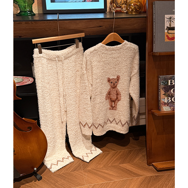 米诗缇【彩点波纹棕熊开衫咖色】小众潮牌设计可外穿长袖长裤家居服