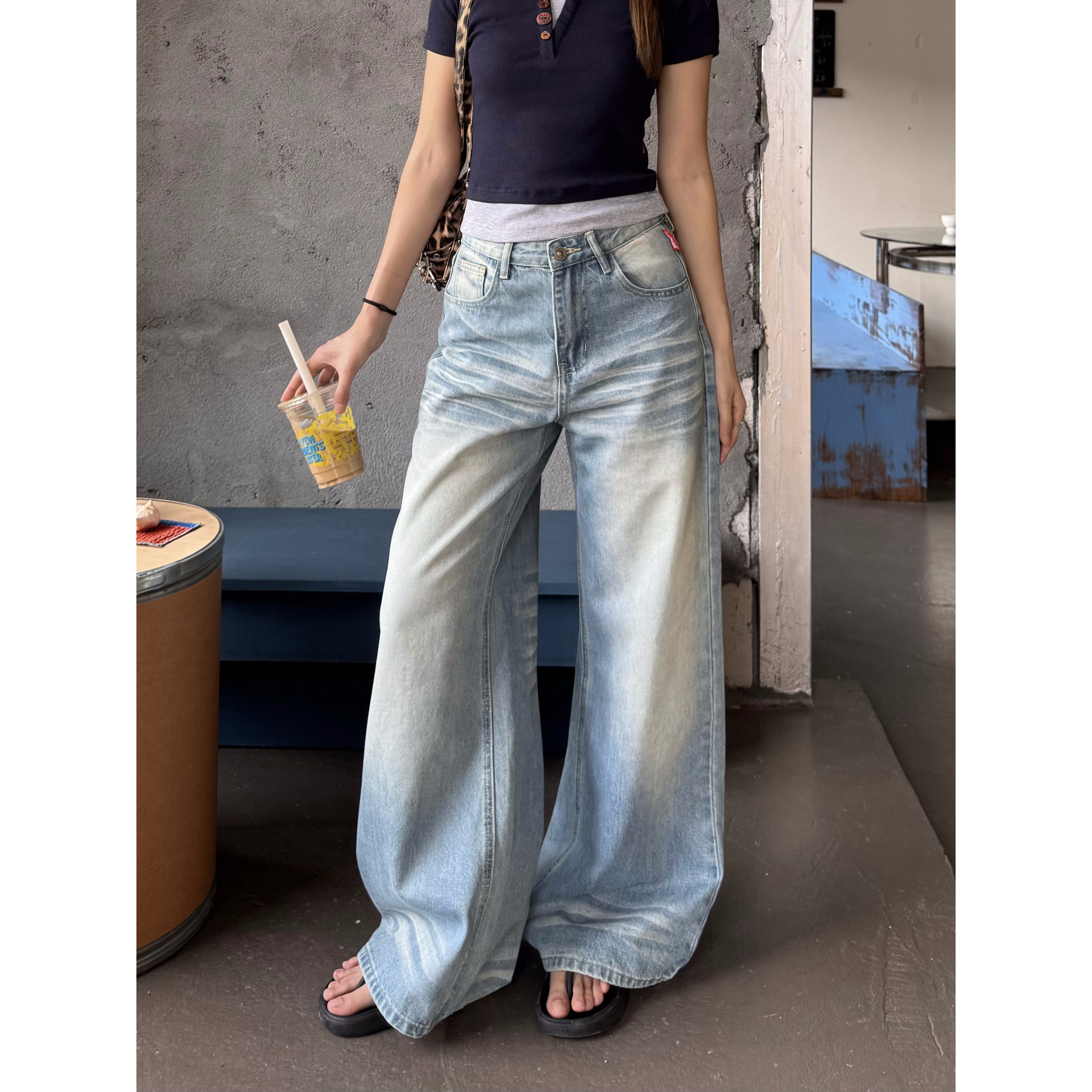 XFX 美式复古水洗做旧宽松直筒薄款牛仔裤女阔腿高街cleanfit长裤