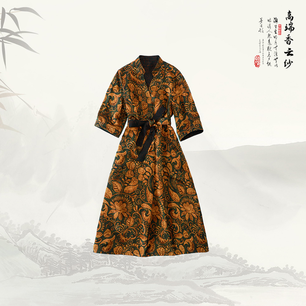 【唐卷草纹】新款复古V领印花宽松舒适百搭中长款连衣裙528006