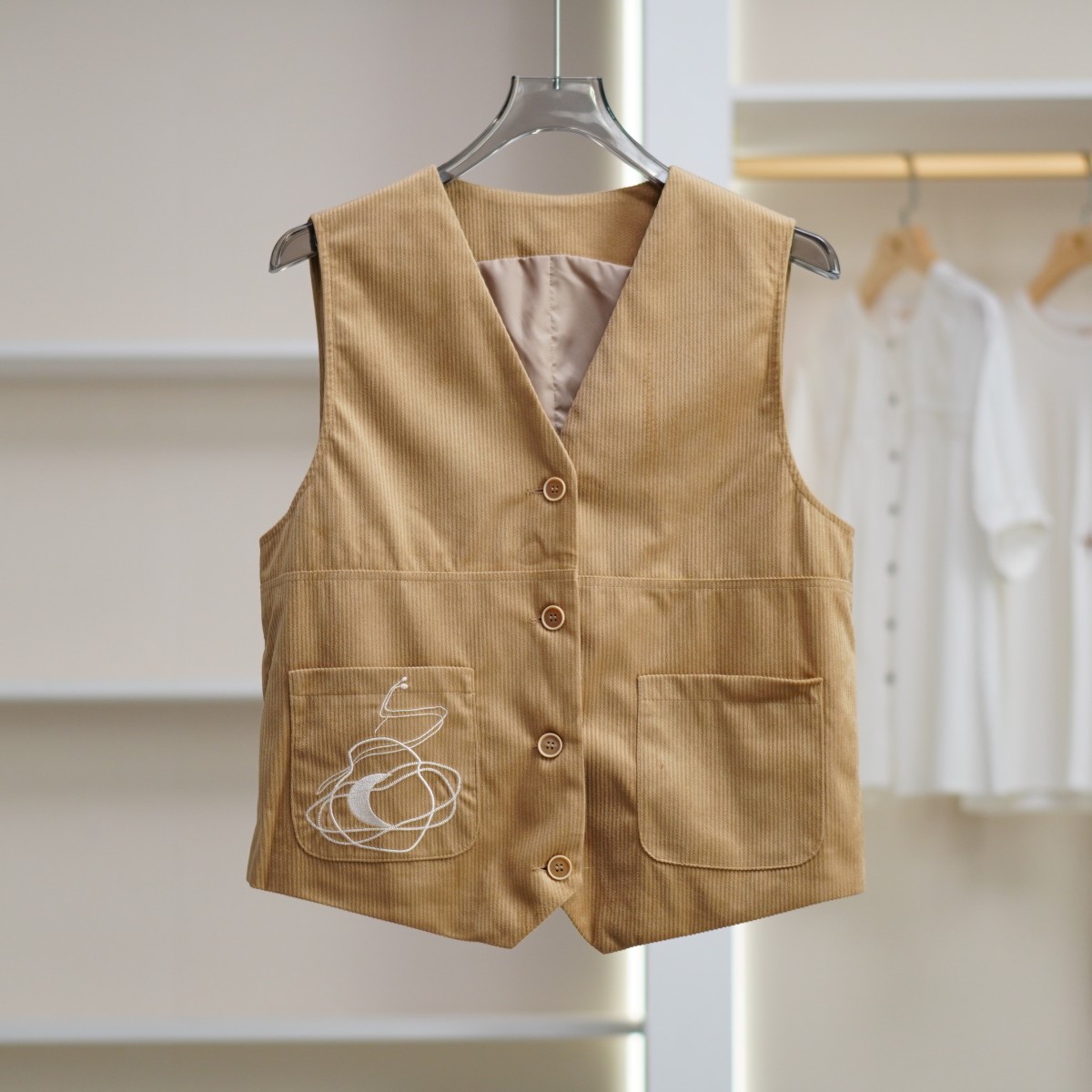 【诗M】Z741-1  女装简约时尚百搭灯芯绒马甲卡其2355221