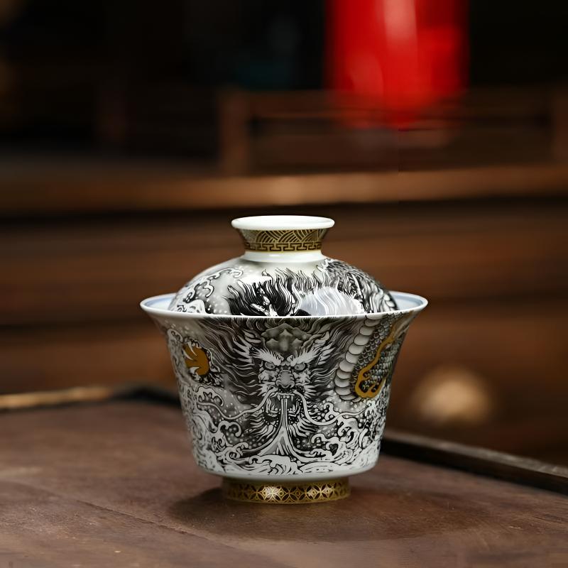 景德镇陶瓷马蹄二才盖碗墨彩墨龙吐水家用高端茶具高端茶器功夫茶