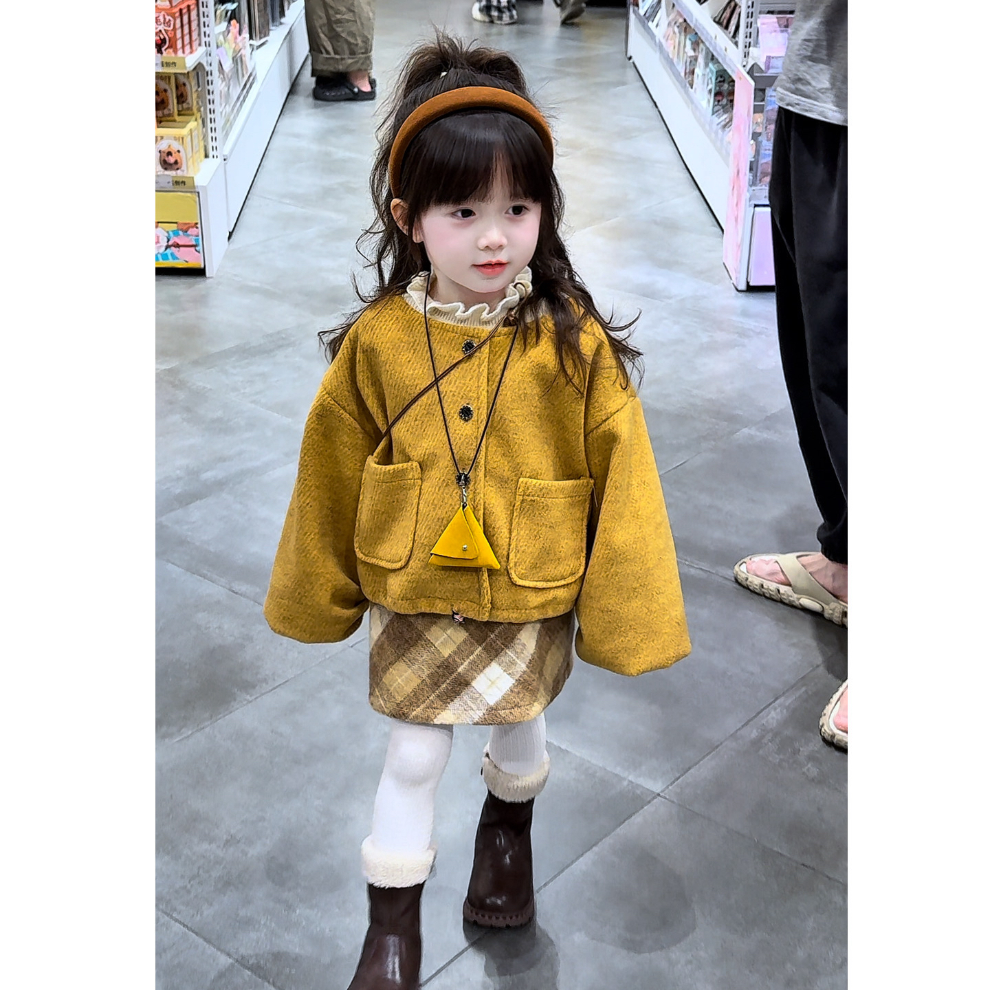 【松果童装】原创设计冬季女童小香风加绒开衫外套格子半身裙套装