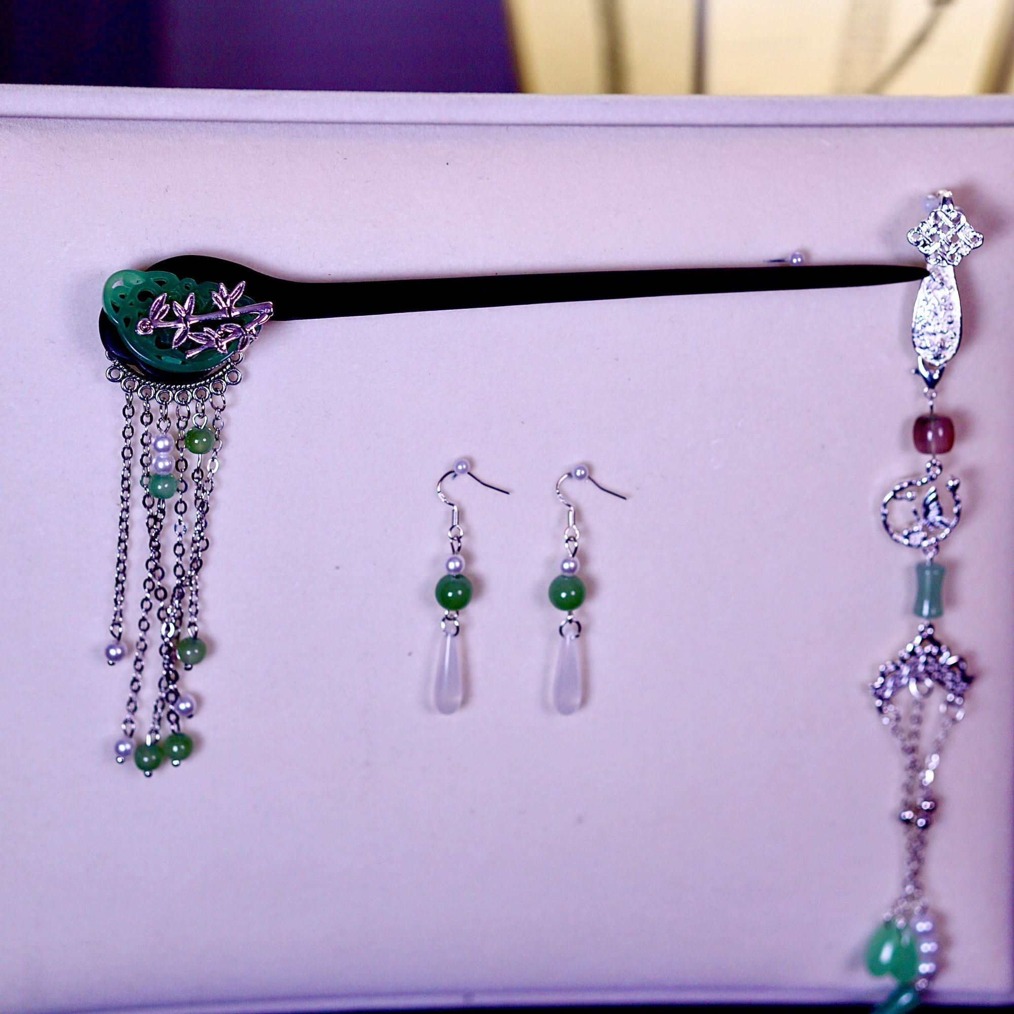 MT010【翠竹】古风头饰汉服发饰套装长流苏步摇发簪耳环压襟配饰