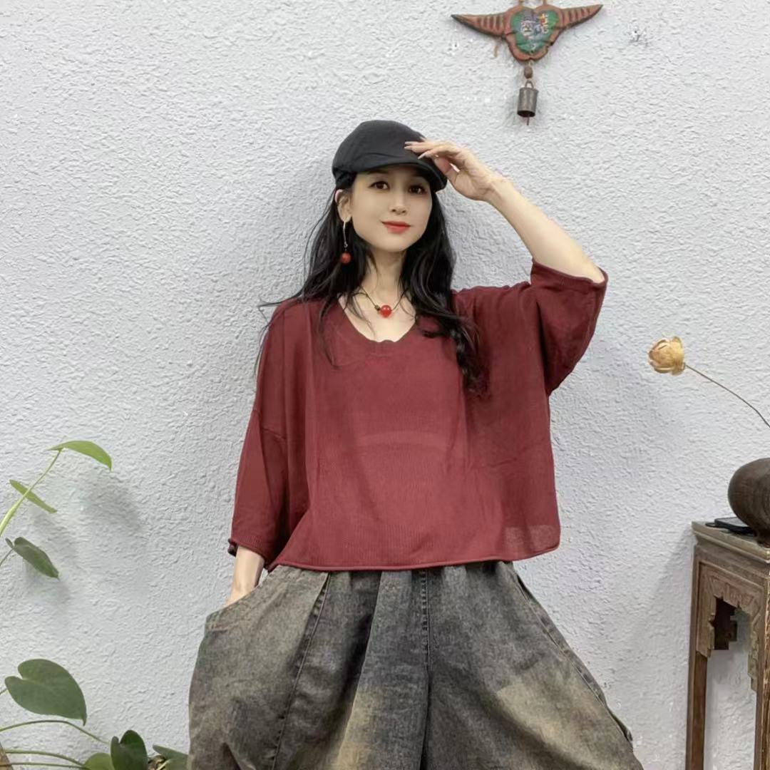 5546针织线圆领七分袖大版卷边下摆上衣（长48胸围160