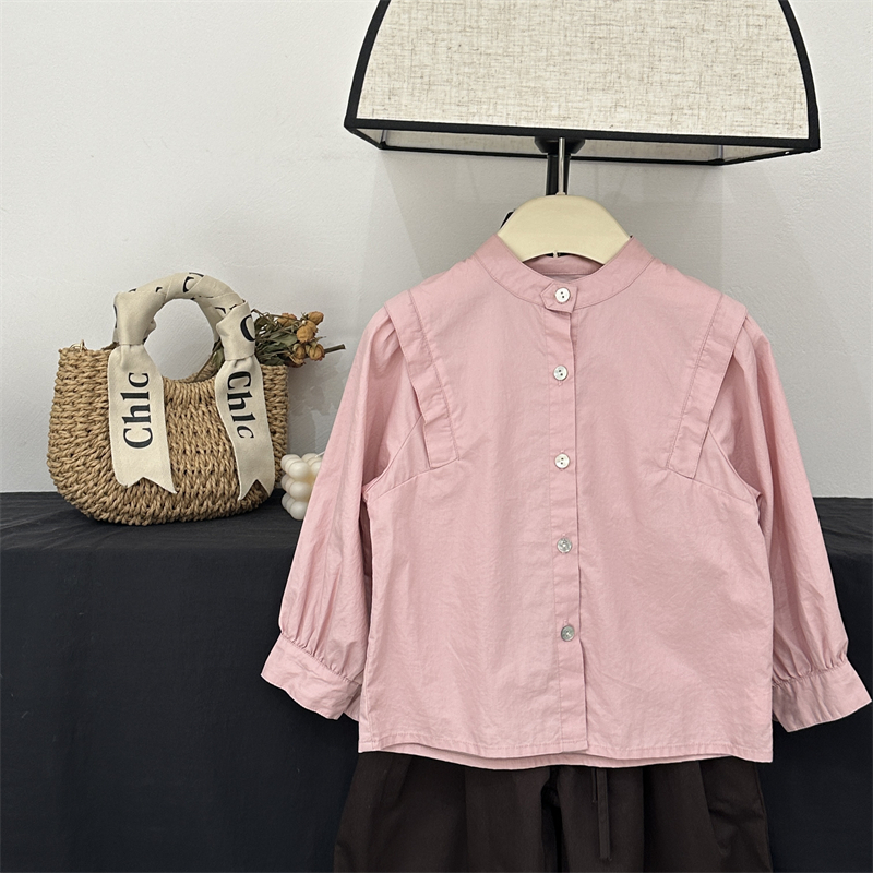 现货【晨雾云粉】女童春秋纯色衬衫女大童儿童长袖衬衣设计感上衣潮