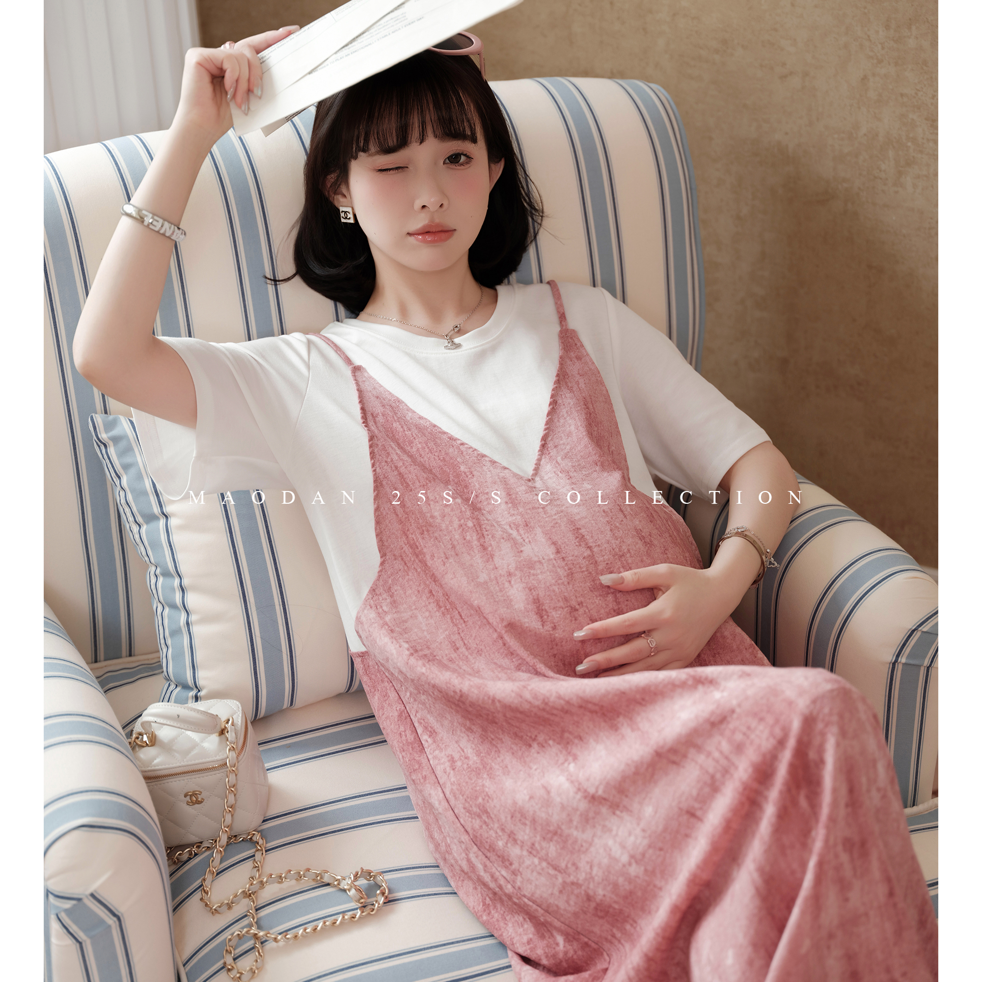 maodan/猫单【桃枝清酒】孕妇装新款夏季假两件宽松连衣裙孕妈穿搭