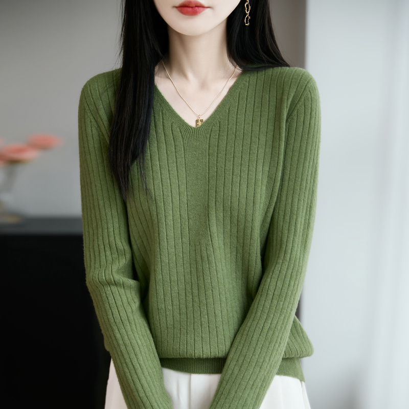 竖条纹长袖针织衫女V领内搭毛衣2025新款软糯保暖毛衫上衣