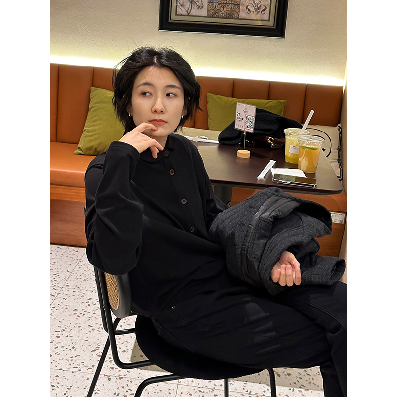 LANGQING 黑色内搭翻领叠穿衬衫女装休闲宽松时尚长袖卫衣43107#