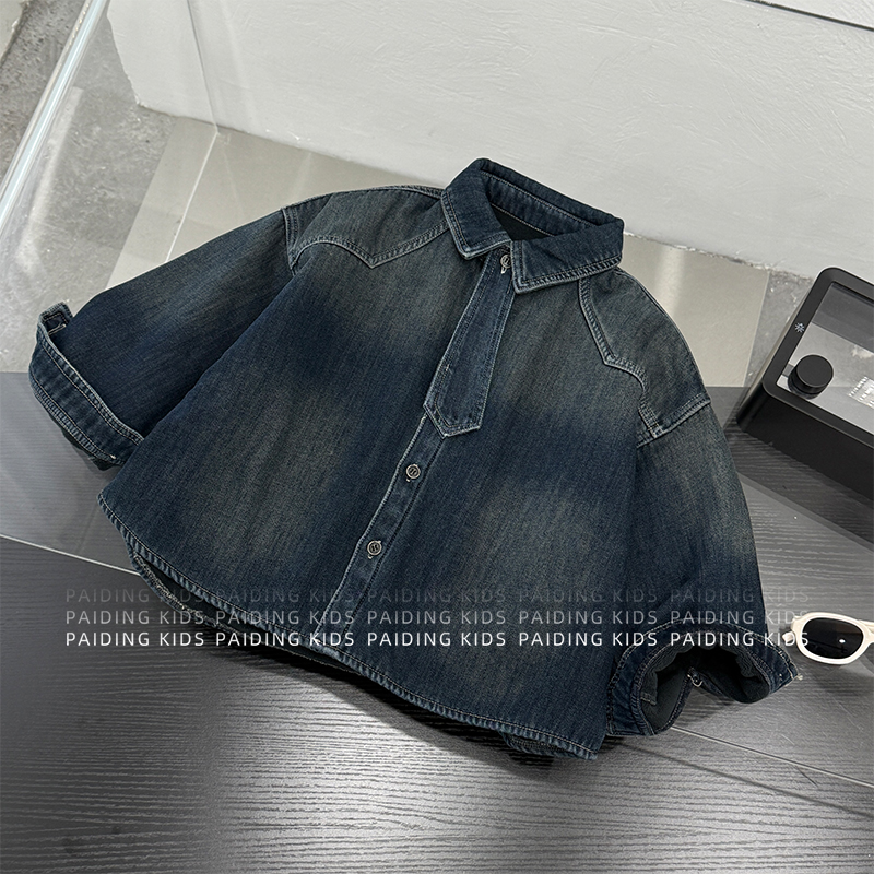 【现货】25冬装儿童复古水洗做旧领带加绒加厚牛仔衬衫SJ6764