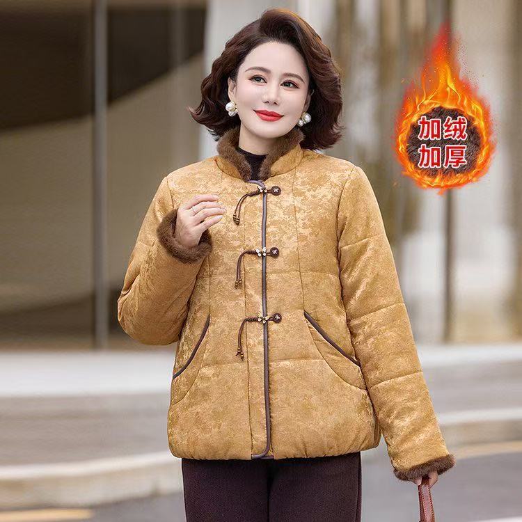 时尚冬装新中式加绒加厚棉衣外套中老年女装妈妈装冬季保暖棉服