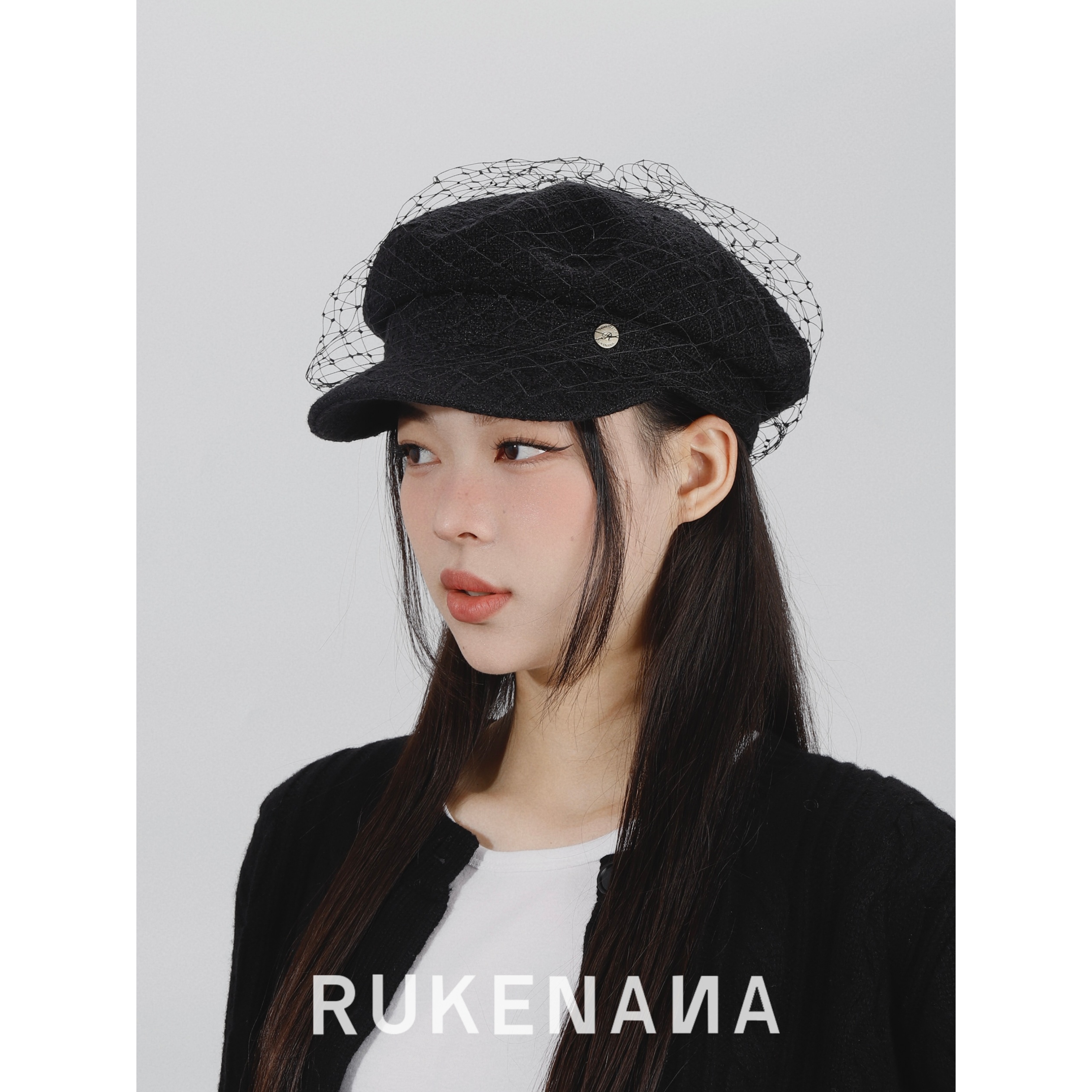 RUKENANAl鹿可娜娜【暗调星纱】小香风海军帽细闪帽子短檐黑色网纱