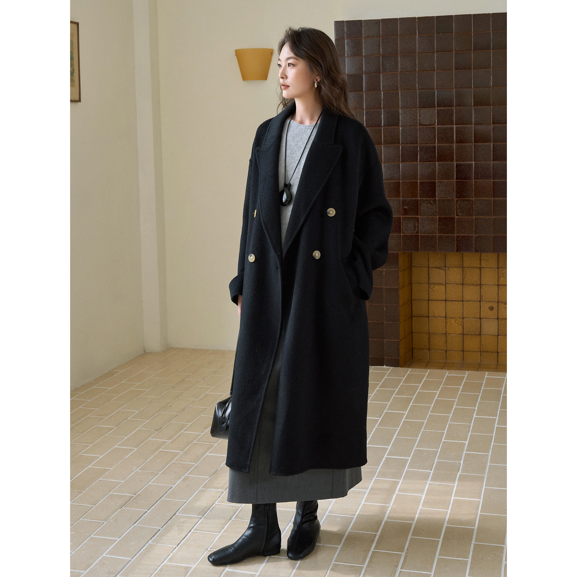 CKOUCCOO/扣蔻阿尔巴卡羊毛双面呢大衣女2025冬季系带显瘦外套