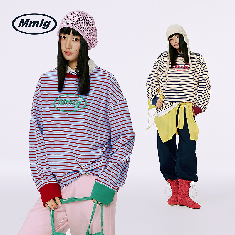 Mmlg加厚长T恤2025秋冬款经典logo印花条纹上衣男女同款FQT154