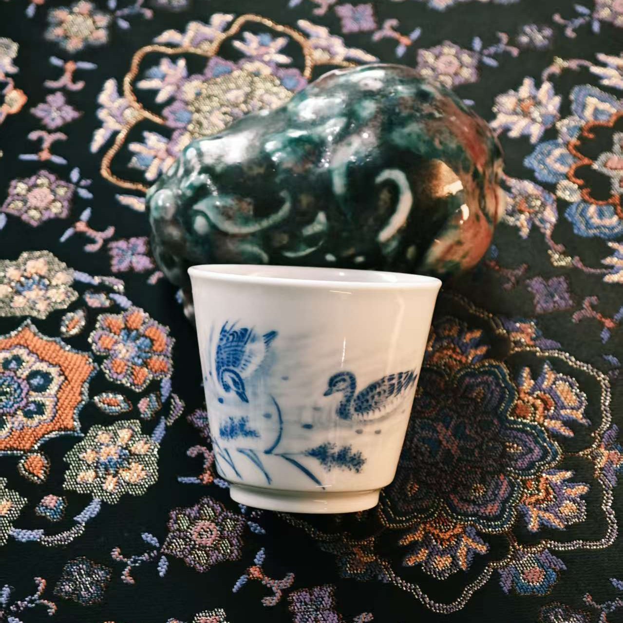 （气窑作品）小容量 一口杯40毫升 戏水图 文人画 创意 