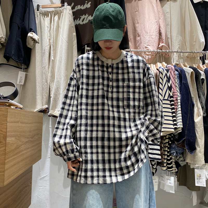 TY55070韩版休闲宽松纯棉圆领格子长袖衬衫T恤女2025春季新款潮流