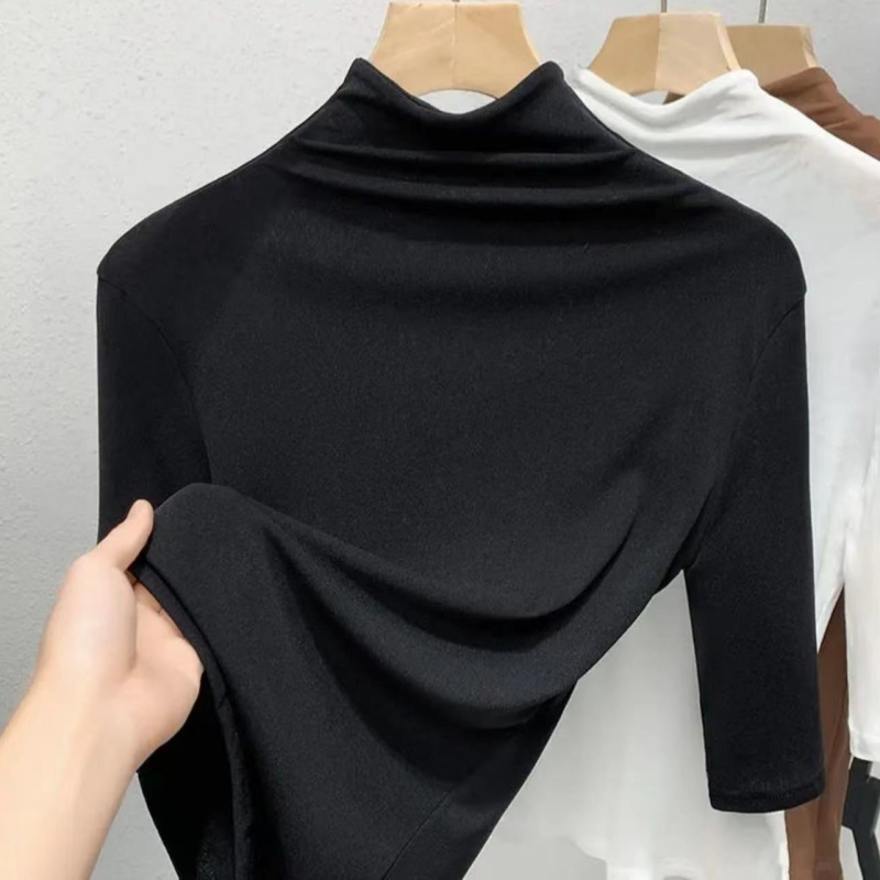 半高领纯色t恤女士2024秋季新款时尚短袖宽松大码内搭上衣修身