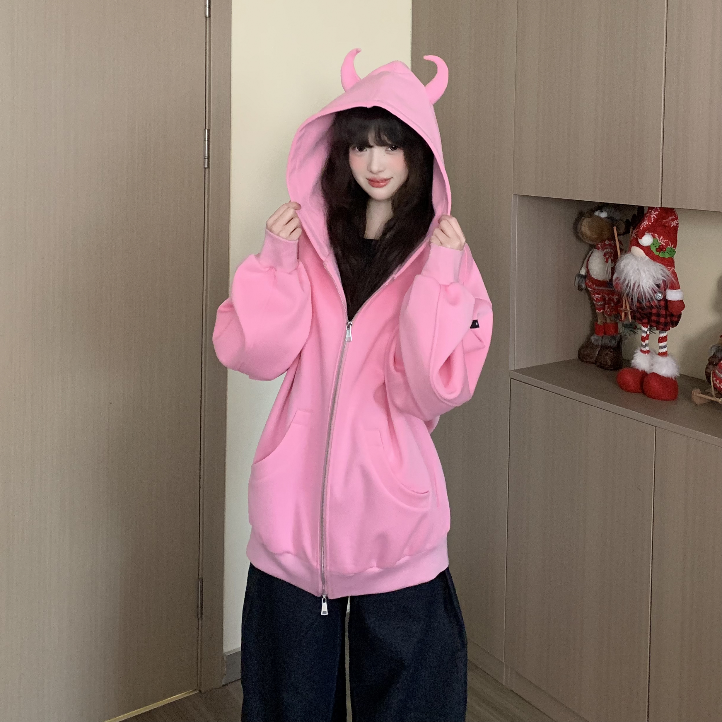 【直播间清仓款 No退No换】小恶魔牛角连帽开衫外套新款宽松双拉链