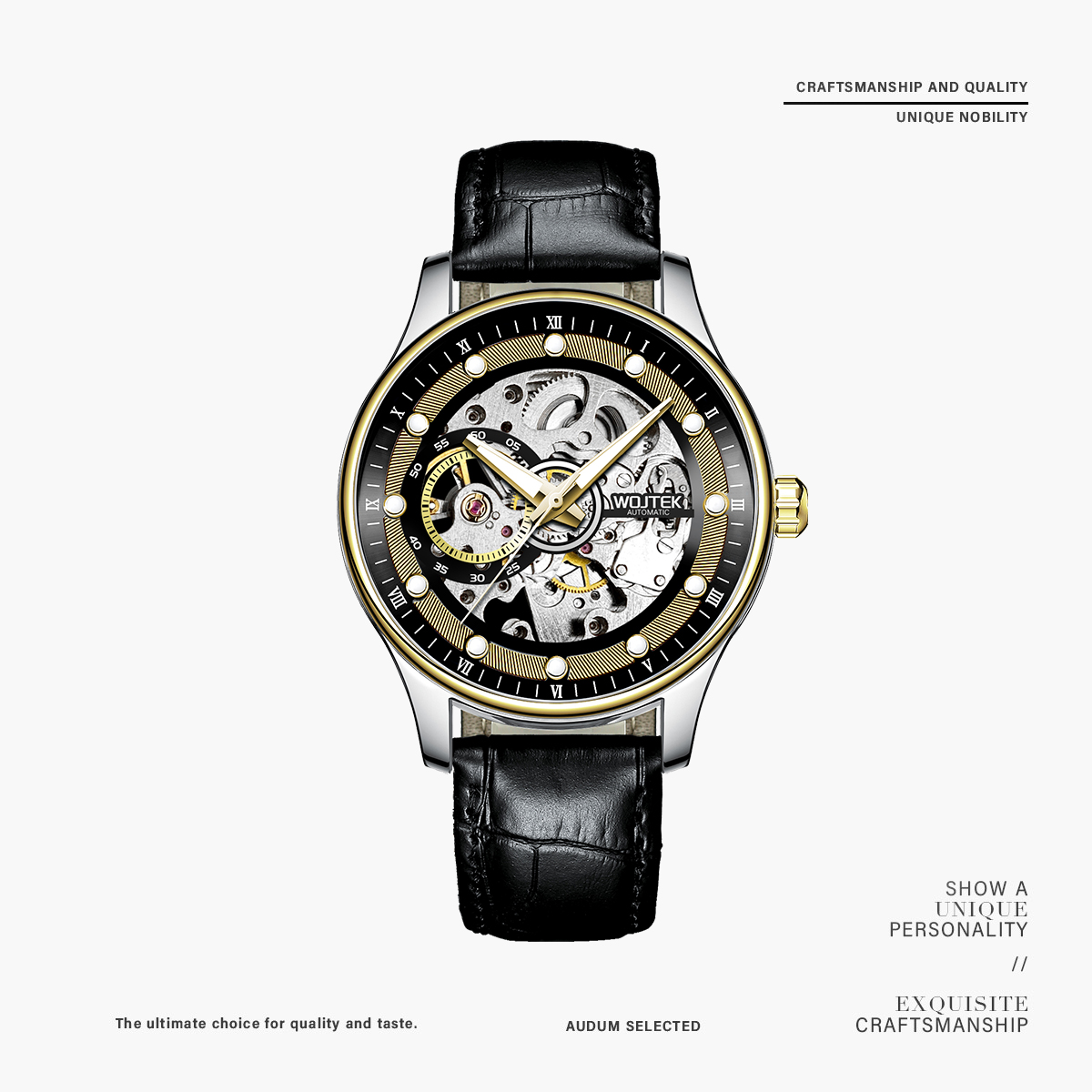 WOJTEK进口夜显 镂空机械大师 轻奢复古设计 真皮表带机械表-YH