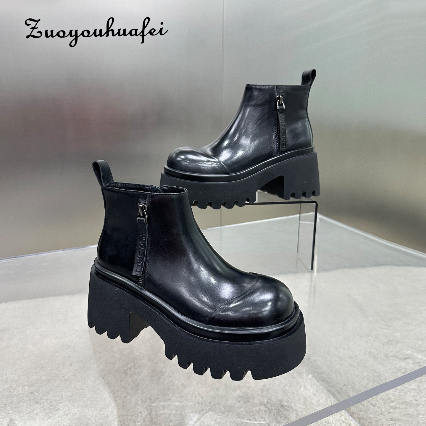 【左右华菲】8cm英伦风显瘦厚底女早春新款短靴2025小踝靴切尔西靴