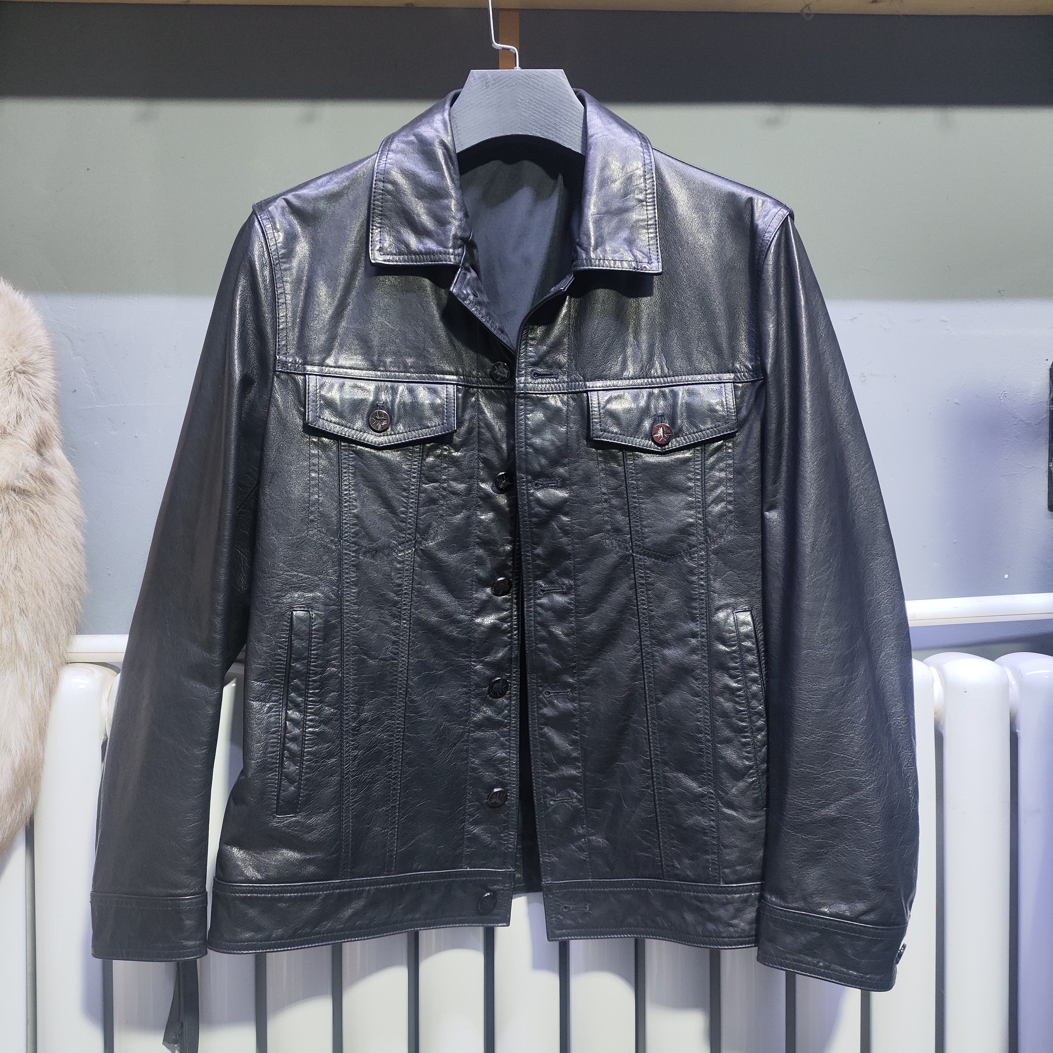 翻领短款时尚男士头层油蜡小牛皮真皮皮衣休闲牛仔夹克春秋外套