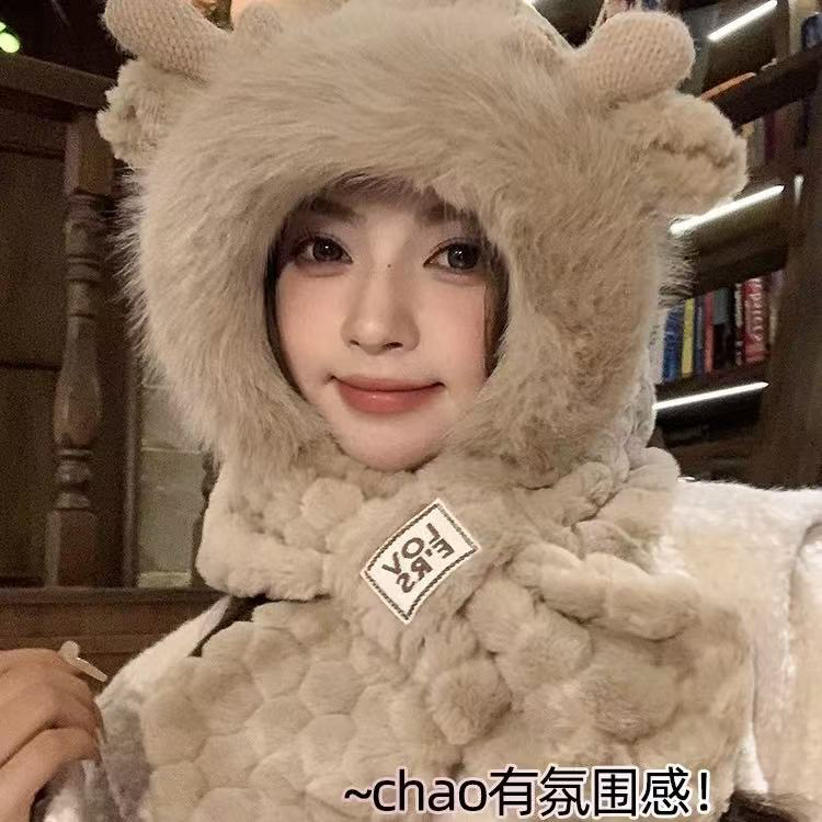 小熊帽子女冬季毛绒围巾一体骑车防寒风加厚保暖围脖连帽2025新款