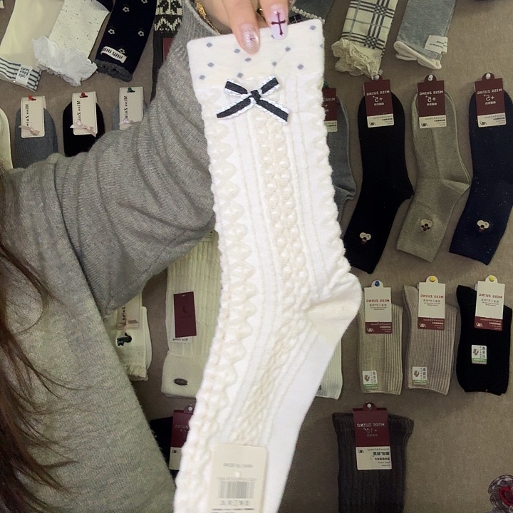 聚酯纤维氨纶棉纯棉麻花蝴蝶结女袜