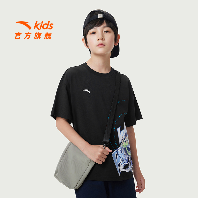 安踏儿童男大童针织短袖衫2025夏新款透气亲肤青少年纯棉圆领短袖