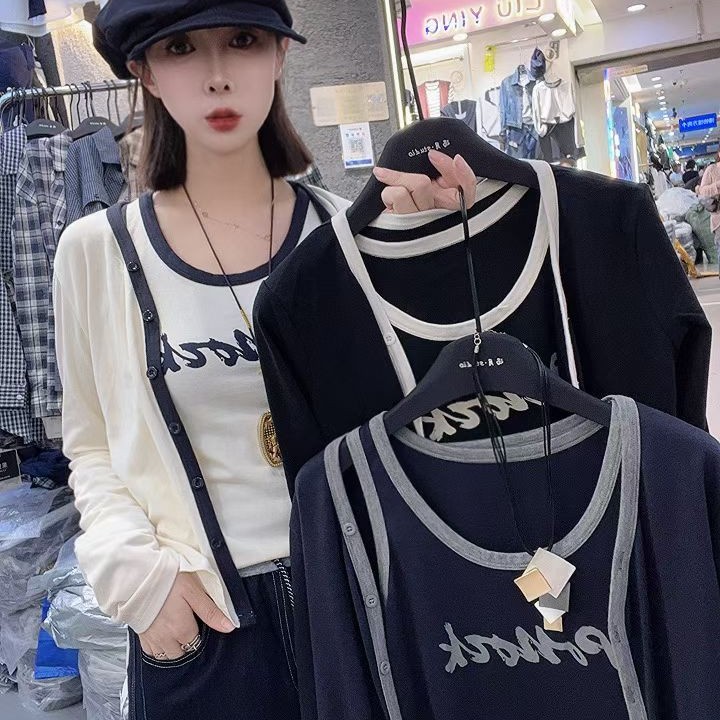 1110时尚简约百搭单排扣长袖开衫内搭背心打底女出游服装