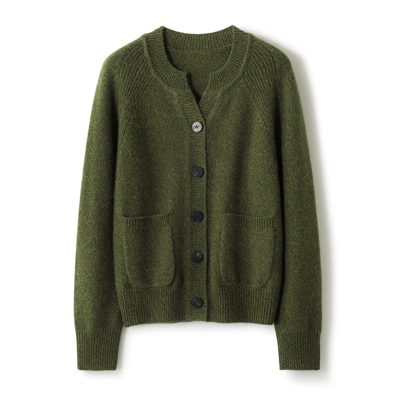 【常青树开衫】康赛妮100%山羊绒 女士花纱水滴圆领带兜开衫