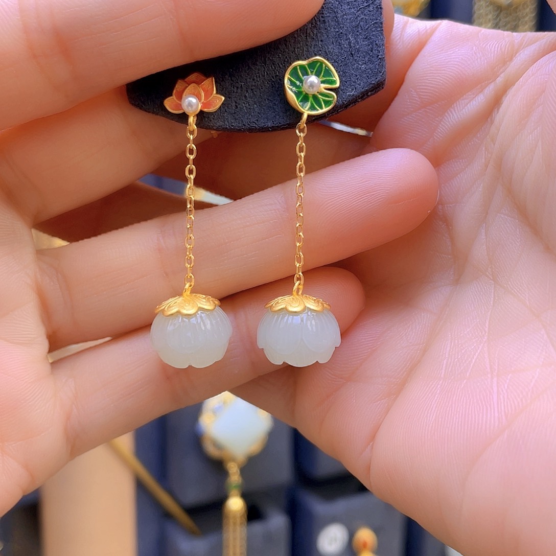 和田玉耳饰银S925镀金镶嵌