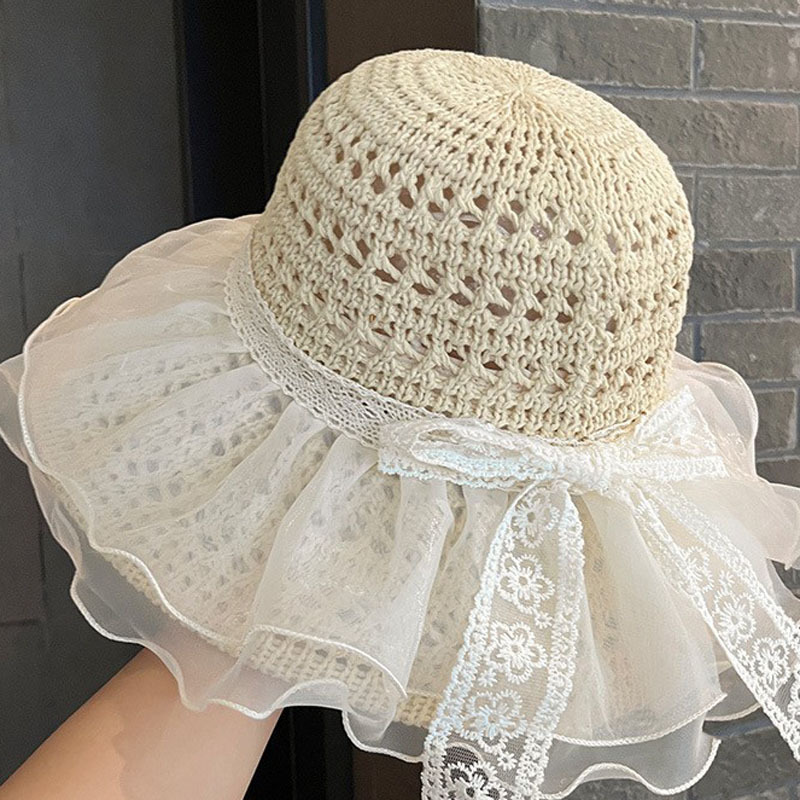 新款韩版蕾丝系带结编织渔夫帽女夏季海边沙滩镂空遮阳帽