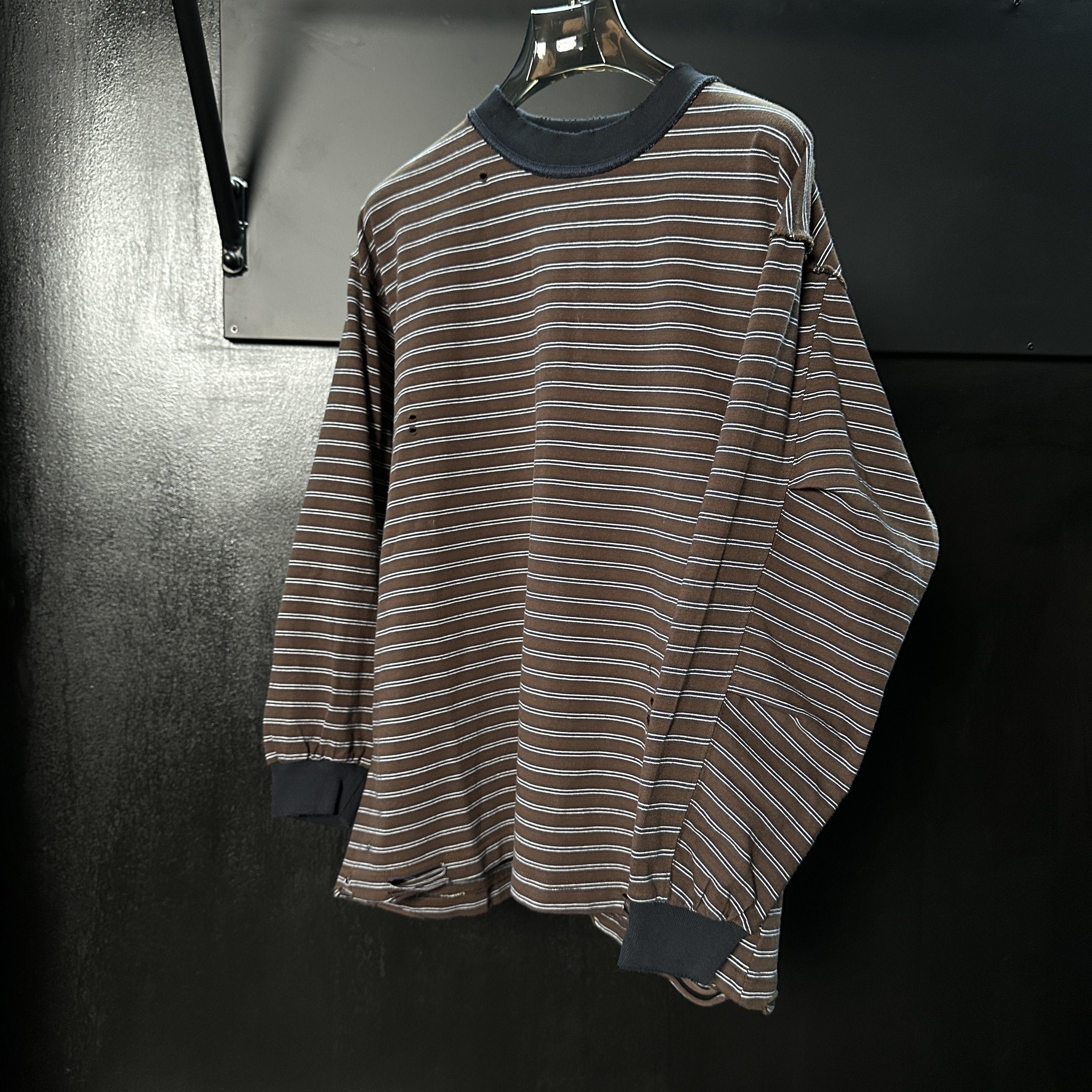 ZERO sense重磅纯棉针织宽松条纹圆领T恤水洗做旧破洞日系长袖