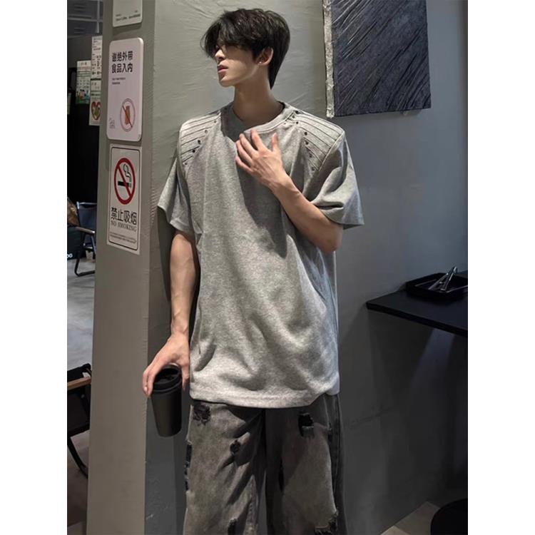 W150 美式垫肩重磅短袖男夏季铆钉设计感t恤痞帅高级感